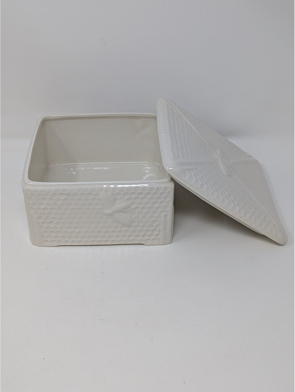 Vintage Burleigh Ironstone Honeycomb Bee Square Lidded Butter Box Cream England